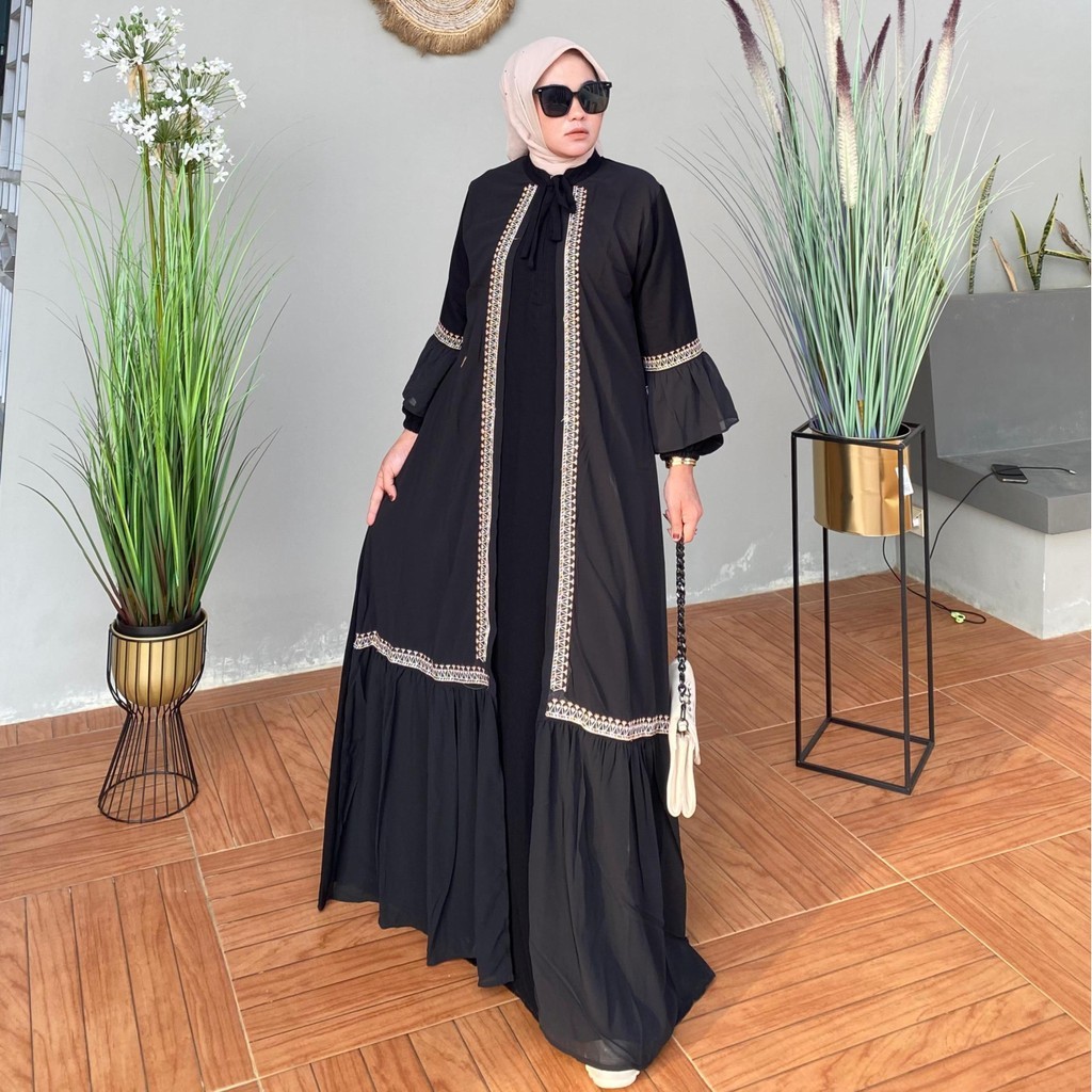 Gamis Abaya Turkey Amanda Zamora Jetblack Premium Mix Chiffon  Muslim Wanita Hitam (Free  Pouch, Goo