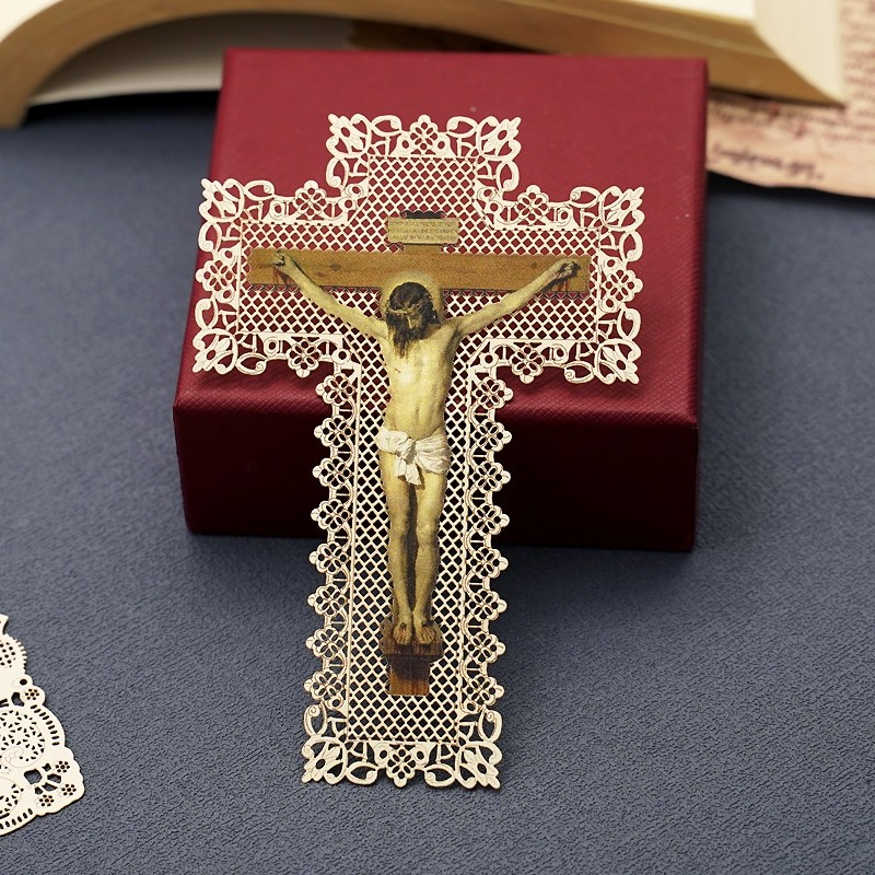 

Catholic Christian Decorative Holy Card Cross Lace Paper Bookmark Religious Figure Icon Church Gift For Family Friend 7x11cm