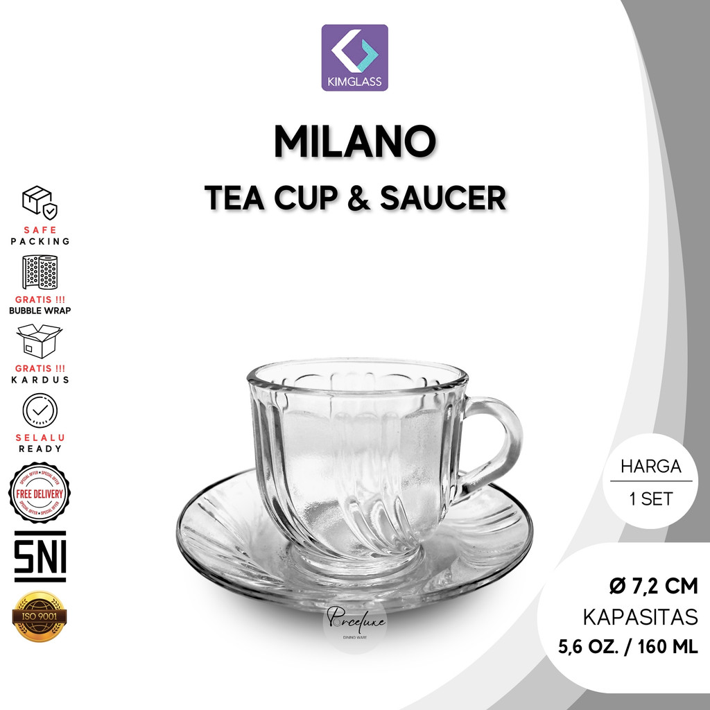 KimGlass Milano Tea Cup Saucer Set Cangkir Kopi 160ml Gelas Teh Kaca Aesthetic Elegan Premium Modern