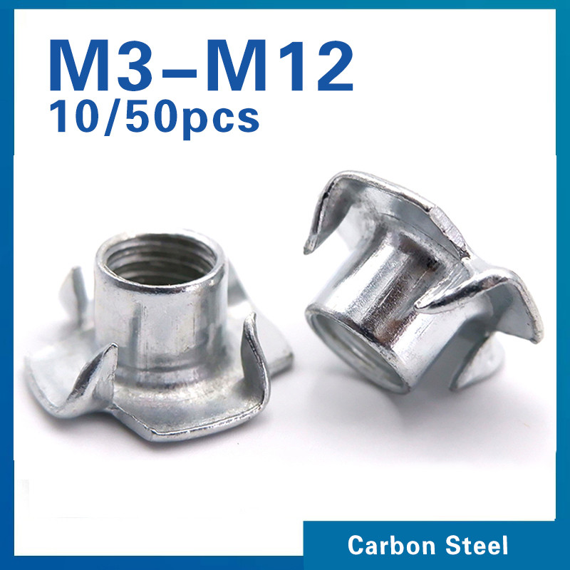 10/ 50pcs M3 M4 M5 M6 M8 M10 M12 Four Claws Nut T-nut Blind Pronged Insert T-Nut for Wood Furniture 