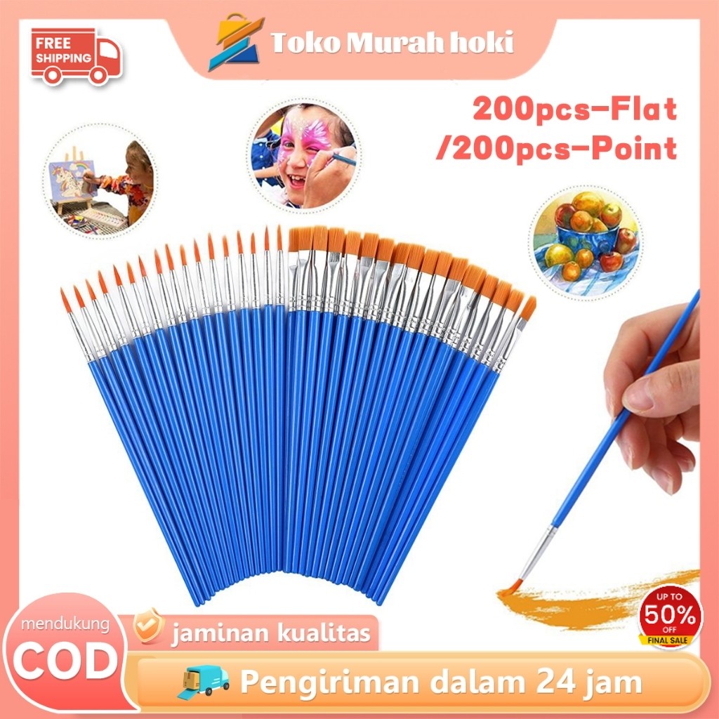 

200pcs Kuas Cat Air Kuas Lukis Kecil Point Dan Flat Kuas Lukis Cat Minyak Serbaguna Kuas Nilon