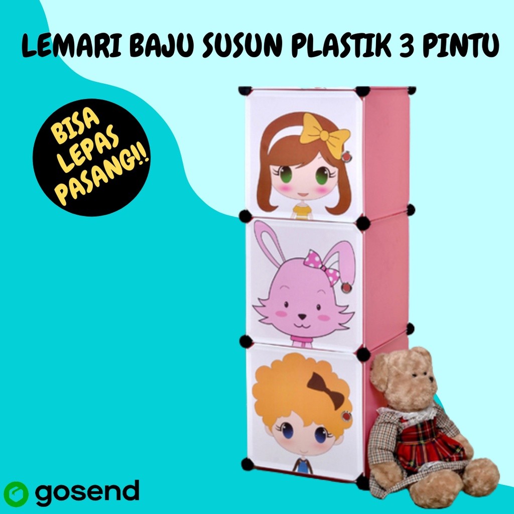 Almari Rak Lemari Pakaian DIY Tempat Baju Susun Plastik Bongkar Pasang 3 Pintu/ 3 slot DIY Murah