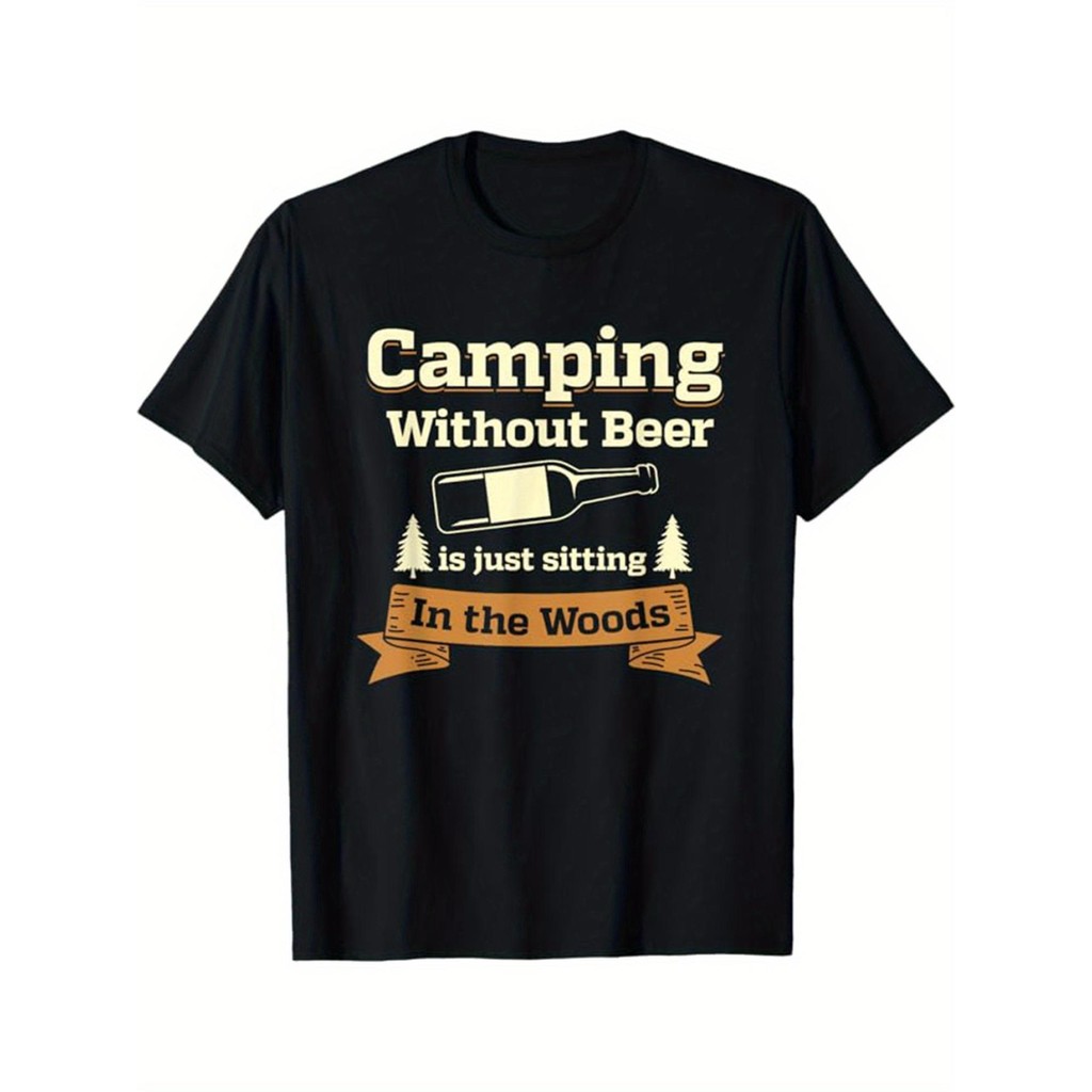 Kaos Pria Camping Beer Katun - Lengan Pendek Santai, Grafis Oktoberfest Prost