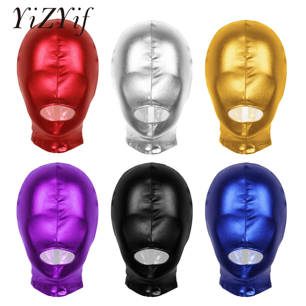 Uni Latex Hood Mask Shiny Metallic Open Mouth Hole Headgear Headpiece Full Face Mask Hood Role Play 