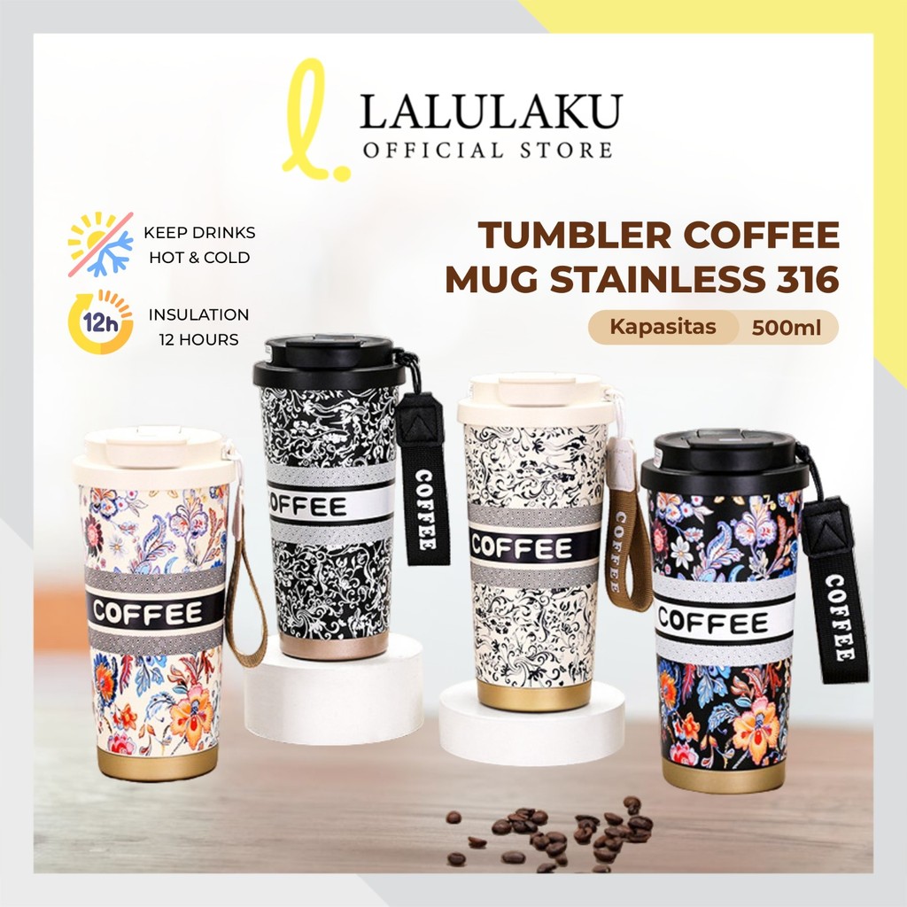Tumbler Kopi 500ml Anti Tumpah Botol Minum Stainless Motif Bunga Sedotan Tahan Panas Dingin