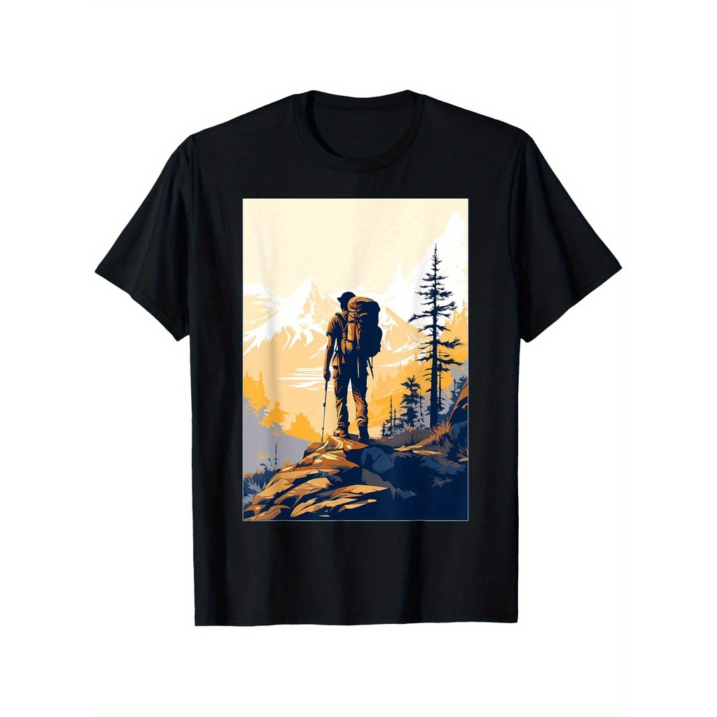Kaos Pria Pendaki Gunung - Pendaki & Pohon Pinus, Katun 180gsm, Segala Musim, Ukuran S-XXXL, Desain 