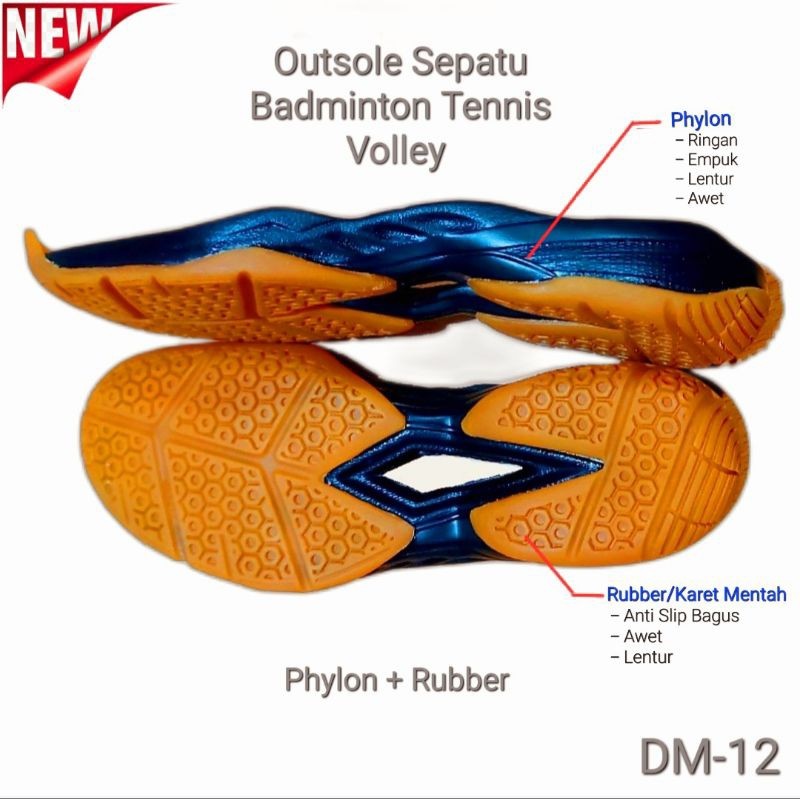 TERLARIS DM-12  BERDECIT Outsole Sepatu Badminton, Tennis, Volley (Phylon + Rubber/Karet Mentah) ff-