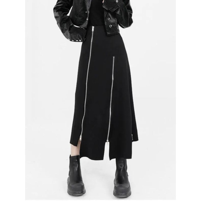 SAXCSHOP Rok kulit wanita variasi resleting gaya vintage/rok kulit panjang/rok kulit/Rok kulit wanit