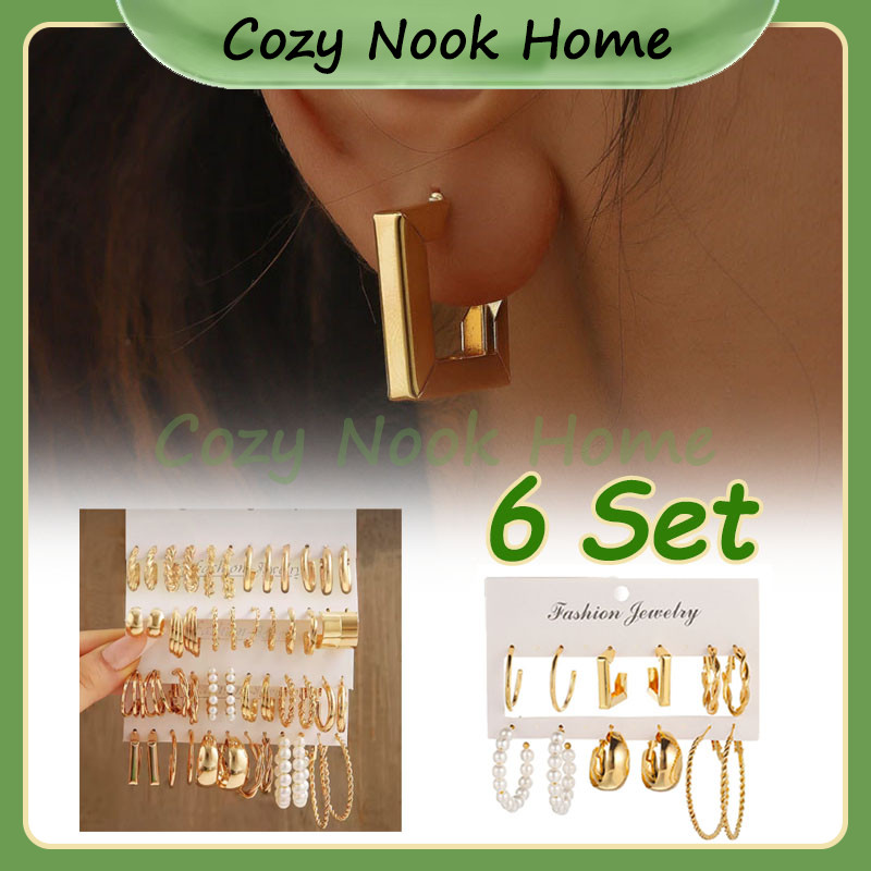 6 Set Anting Hoop Kotak Emas Perak Elegan Anting / Anting Wanita / Anting Premium Mutiara Retro Anti
