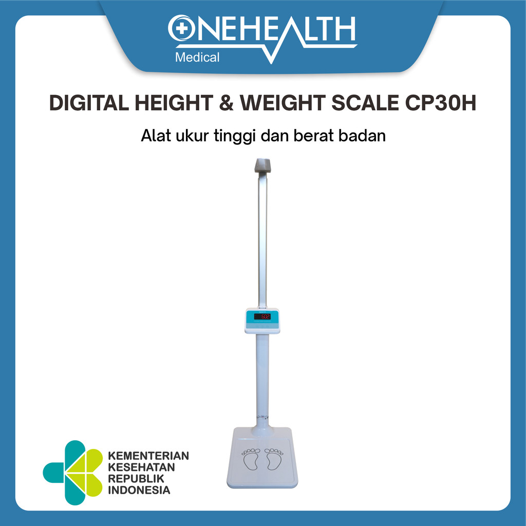 Timbangan Digital OneHealth CP30H + Pengukur Tinggi Badan, Kapasitas 220 kg, Platform Kaca Tempered