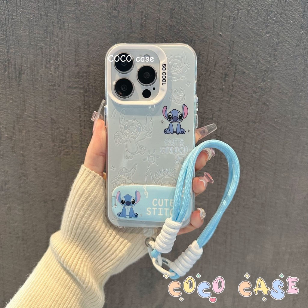 case iPhone 11 Kartun garis berongga dengan tali tangan dan dudukan iPhone 11 11PROMAXSoftcase Macar
