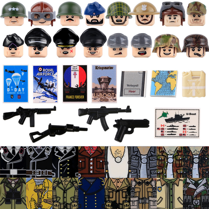 WW2 Military Army Buig Blocks Soler Figures US General Sergeant Infantry Navy Officer Hat Printed Ac