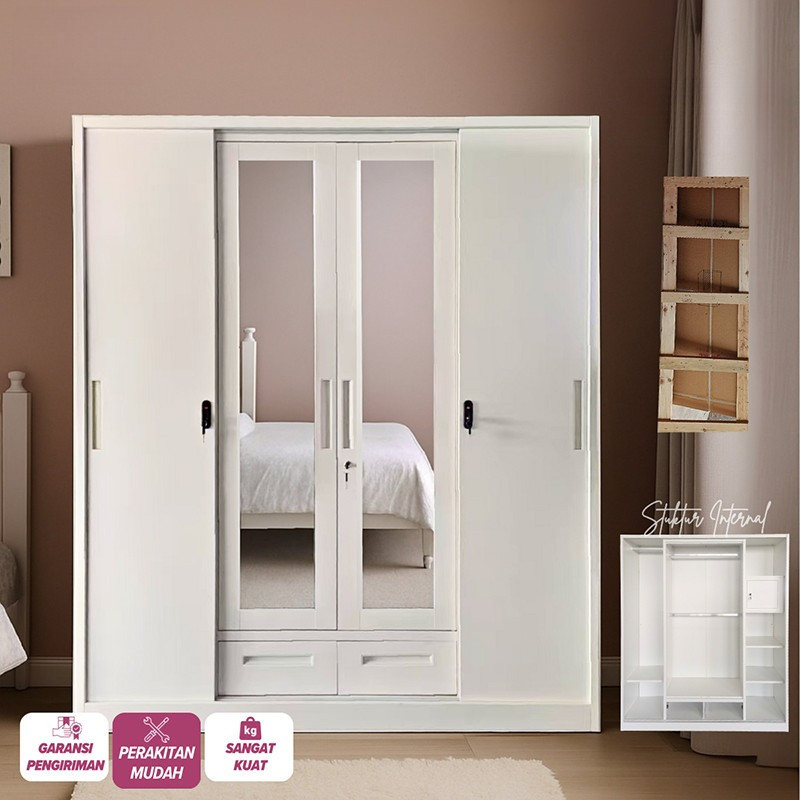 HI.quality--Lemari Pakaian Besi 4 Pintu normal 2 pilihan Jumbo157.4cm1 Batang Rak Baju CIREBON