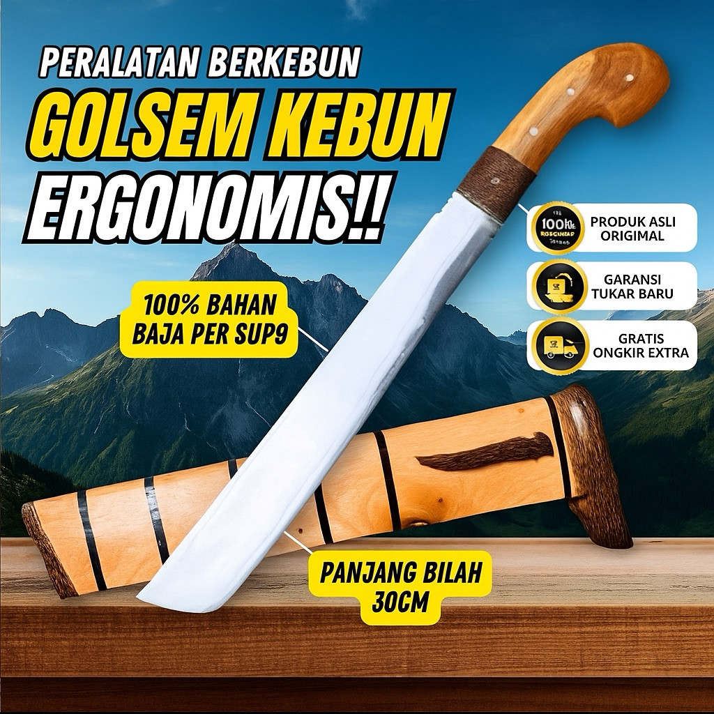 Golok Jepit Baja Asli 30cm | Golok Kebun Full Tang Premium + Sarung Kayu Jati