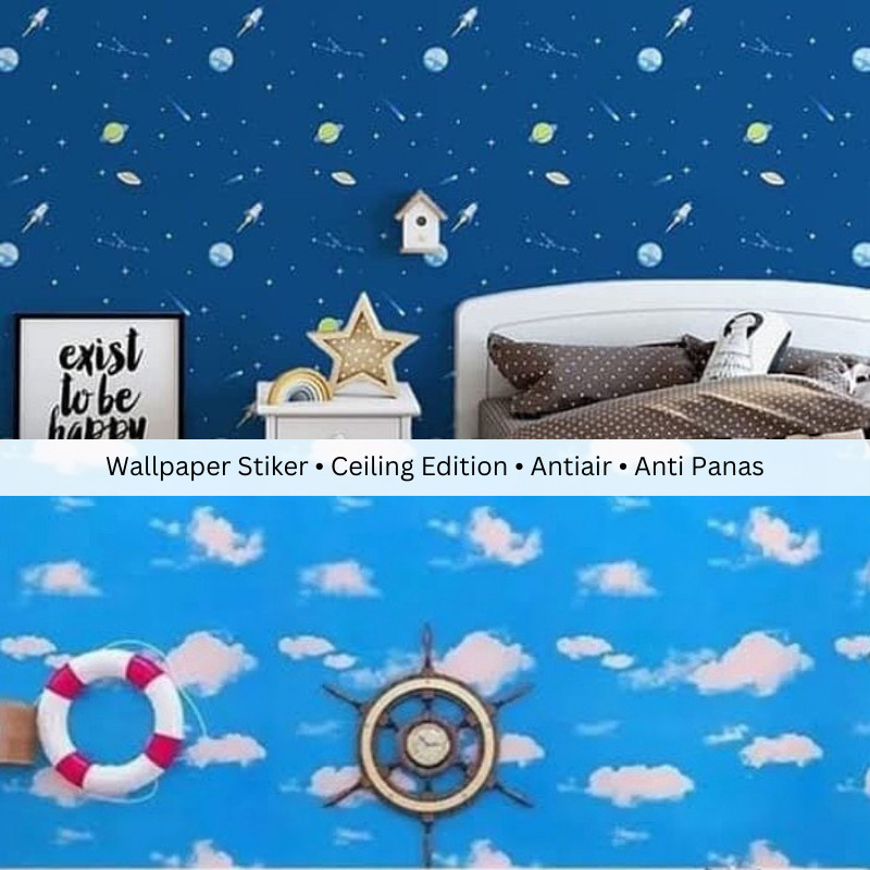 Wallpaper Plafon & Dinding Awan Planet Pesawat Biru Tua Muda Ceiling Plastik GH144 GH001 GH141 CY110