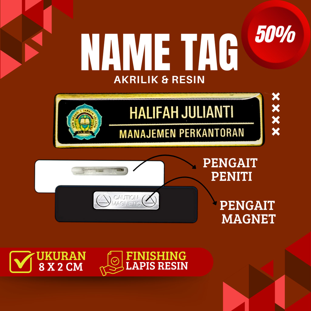 Name Tag Nama Dada Akrilik Magnet Peniti Gold Silver