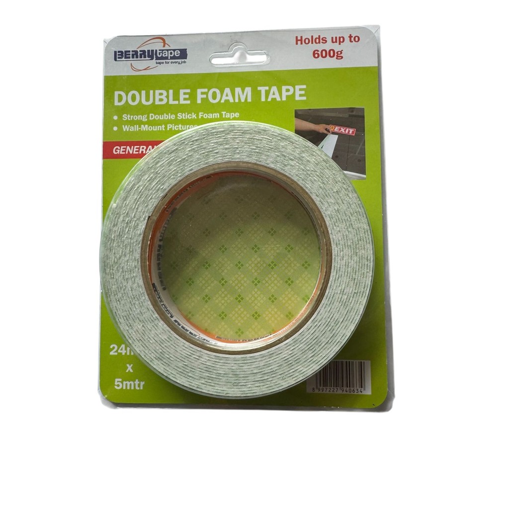 Berry Tape Double Foam Tape PR-90 Motif Putih 24mm x 5 Meter Lem Busa Kuat untuk Mounting & Pemasang