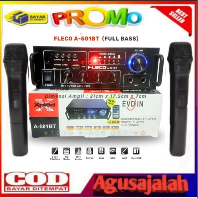 COD NEWW DUO MIC PAKET AMPLIFIER+MIC2 Power Amplifier Bluetooth Fleco A-501BT 600W | Audio Penguat S