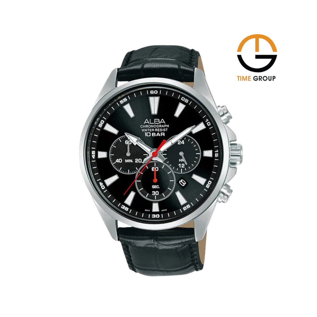 JAM TANGAN PRIA ALBA ACTIVE AT3G59 AT3G59X1 CHRONOGRAPH BLACK DIAL LEATHER STRAP