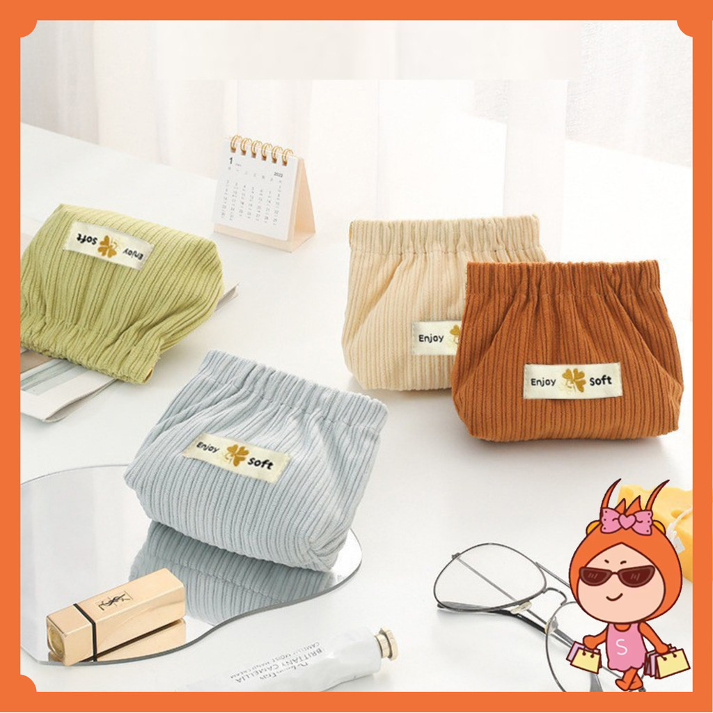 Reseller Welcome T6844 Tas Makeup Mini / Pouch Dompet Solid Bahan Corduroy / Lipstick Koin Magnet Se