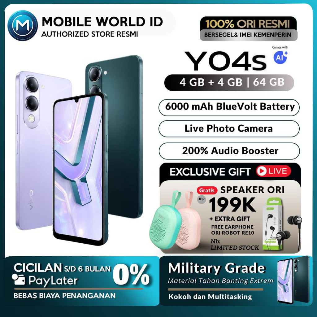 VIVO Y04s RAM 4/64GB | GARANSI RESMI | 100% ORI | 6000 mAh | HP 1 JUTAAN | INTEGRITY | VIVO TERBARU