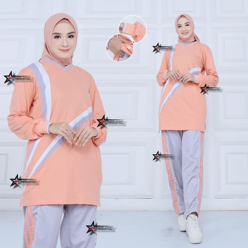 SLIDEBAR Seragam Kaos Olahraga Senam Wanita Muslimah Model Tunik Lengan Panjang / Setelan Baju Olahr