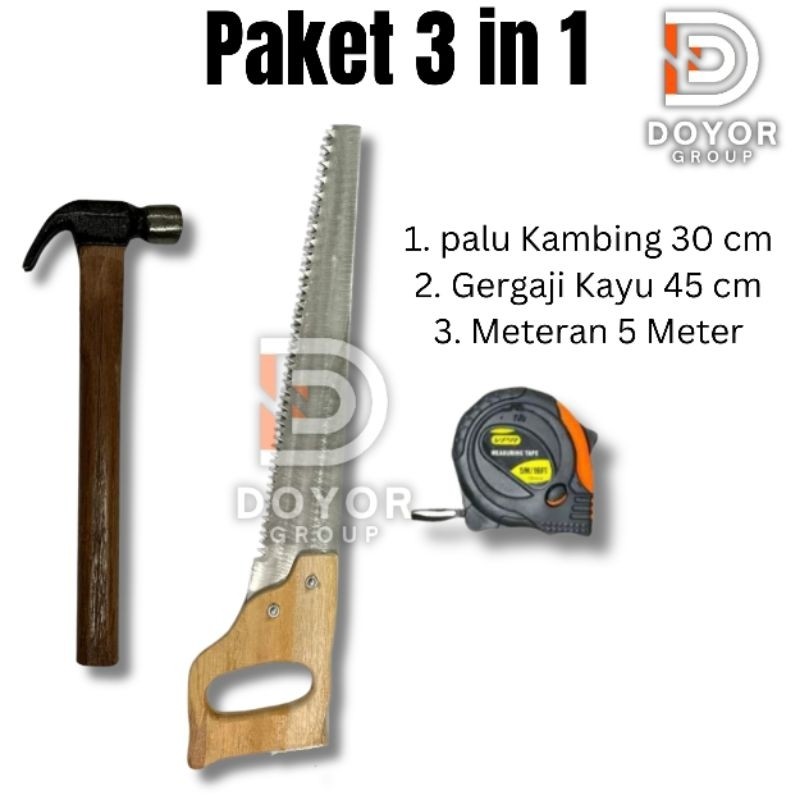 Paket Set Alat Tukang Kayu - Palu, Gergaji Kayu, Meteran Panjang 5 M