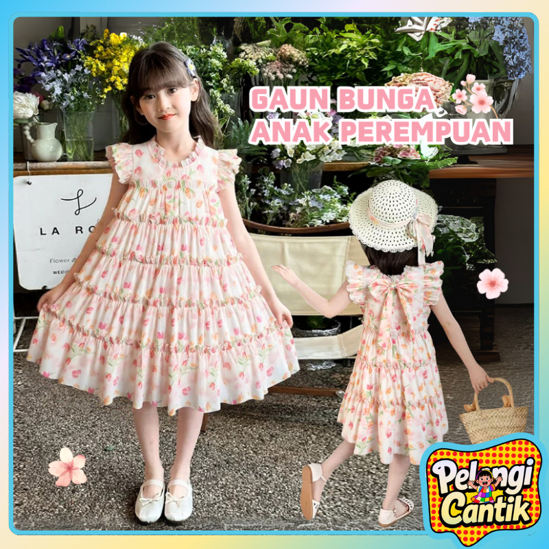 Uisa 6 Bulan - 5 Tahun Dress Pesta Anak Perempuan Chiffon Bow Floral Baju Princess Bayi Daster Anak 