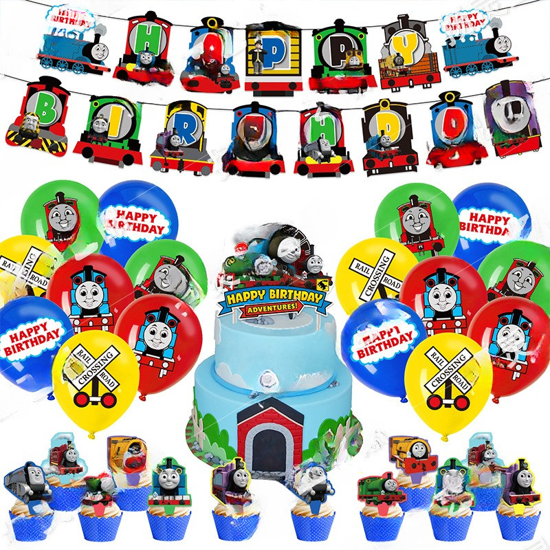 PAKET BALON SET THOMAS & FRIENDS DEKORASI PESTA ULANG TAHUN BANNER BALON TOPPER KUE SET