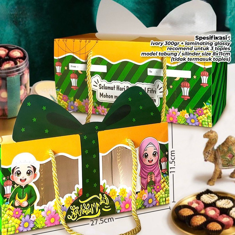 

Box Lebaran Elegant 3 Jar Toples Dus Bolu Gulung Idul Fitri Pita Hijau / Madame Packaging