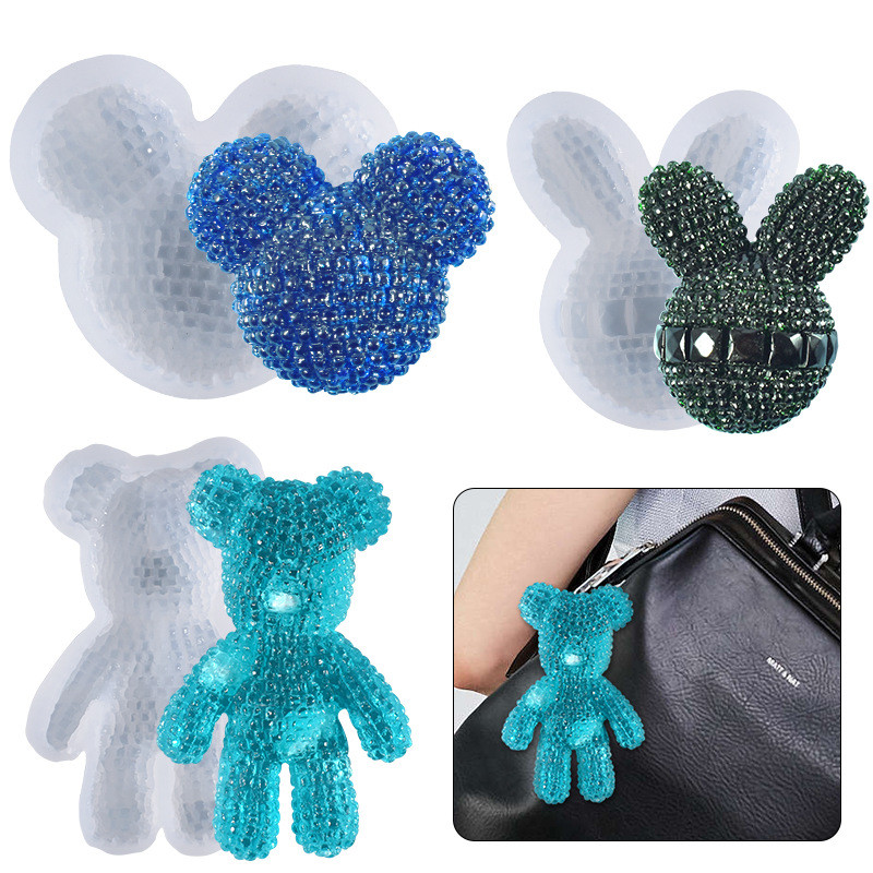 

DIY Crystal Epoxy Resin Mold Semi-dimensional Diamond Bear Keychain Backpack Buckle Silicone Mold For Resin