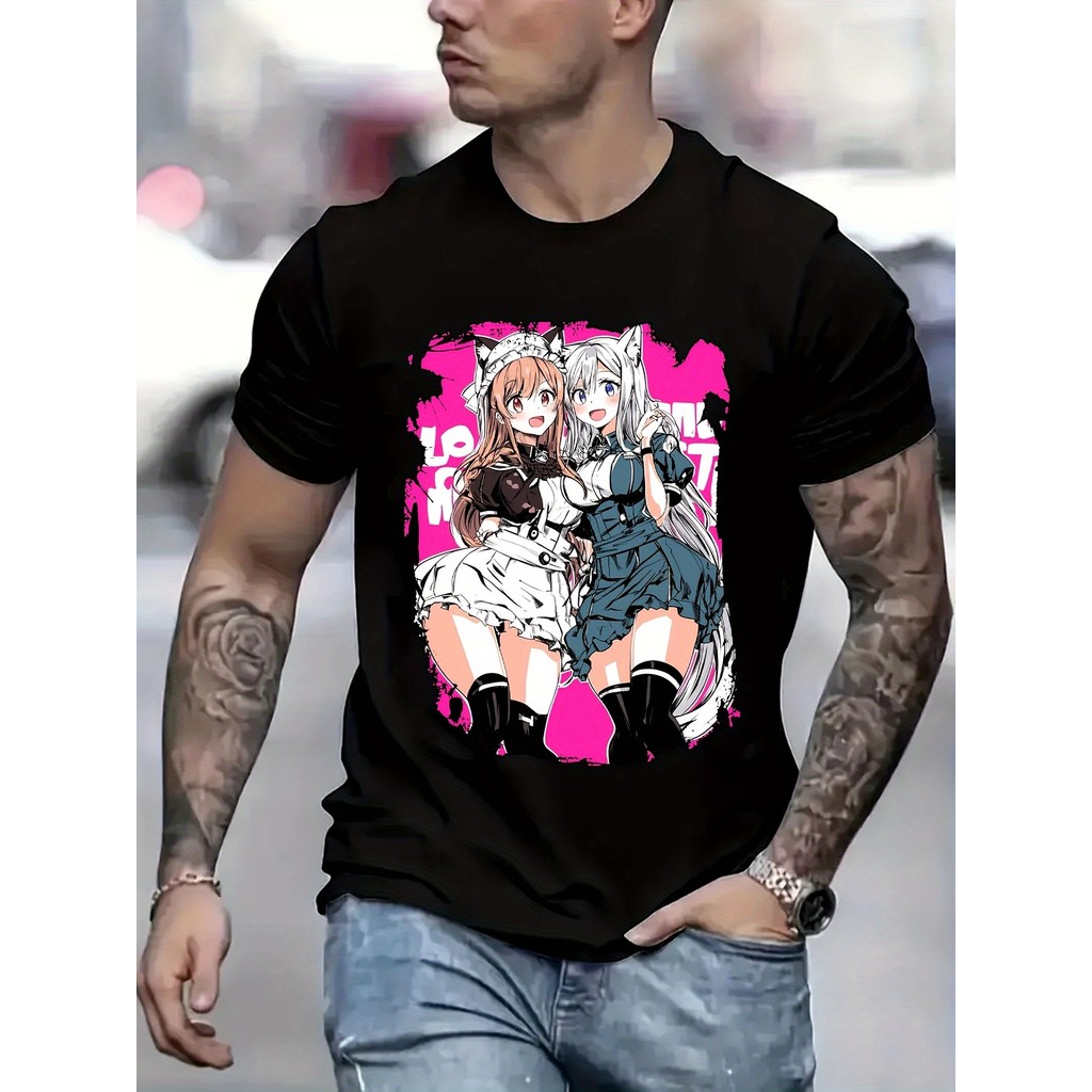 Kaos Pria Anime Maid Kucing Telinga Ekor - 100% Katun, Lengan Pendek O-Neck, Desain Percikan Pink Hi