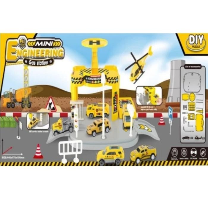 Mainan Anak Set Polisi Mini DIY Parking Lot + Mobil & Helikopter Police Gas Station Track Edukatif K