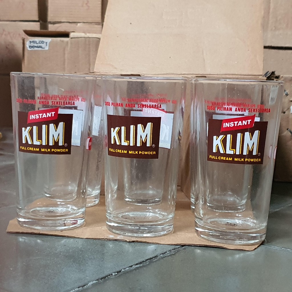 gelas kaca beling jadul lawas vintage merchandise hadiah susu klim