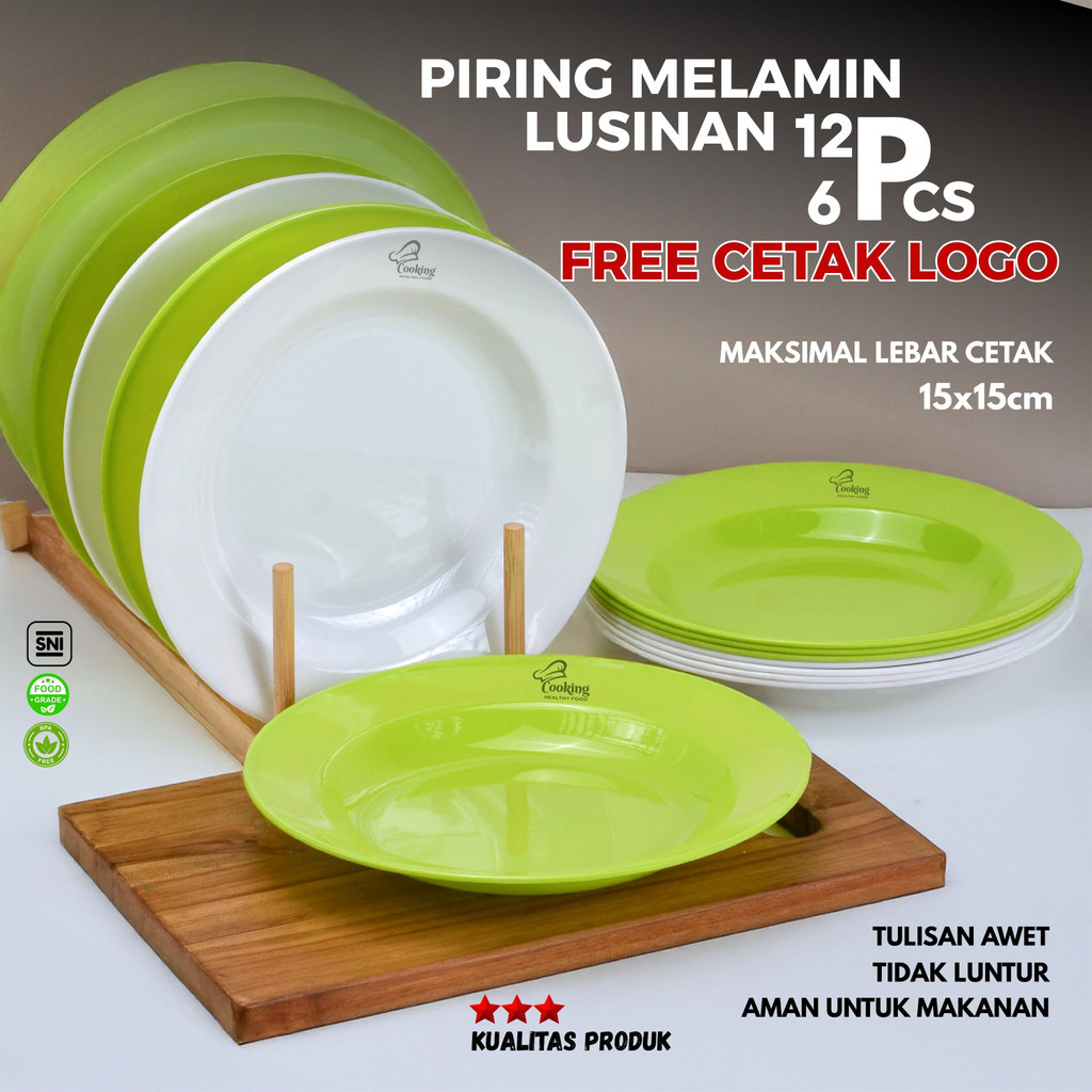(FREE Cetak Logo) Piring Makan Melamin 1 Lusin - Bulat Cekung Hijau Putih Resto Cafe Catering Hotel