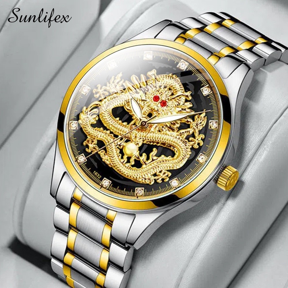 Sunlifex Jam Tangan Pria 9002 Naga Emas Stainless Steel Quartz Original Dragon Gold Kuning Jam Tanga