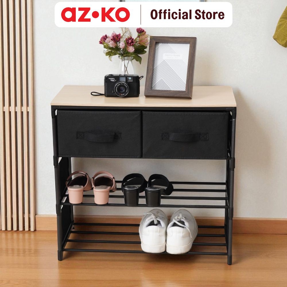 AZKO Stora Rak Sepatu 2 Tingkat Dengan Laci Penyimpanan - Hitam Shoe Rack Organizer Sandal Sepatu Ka