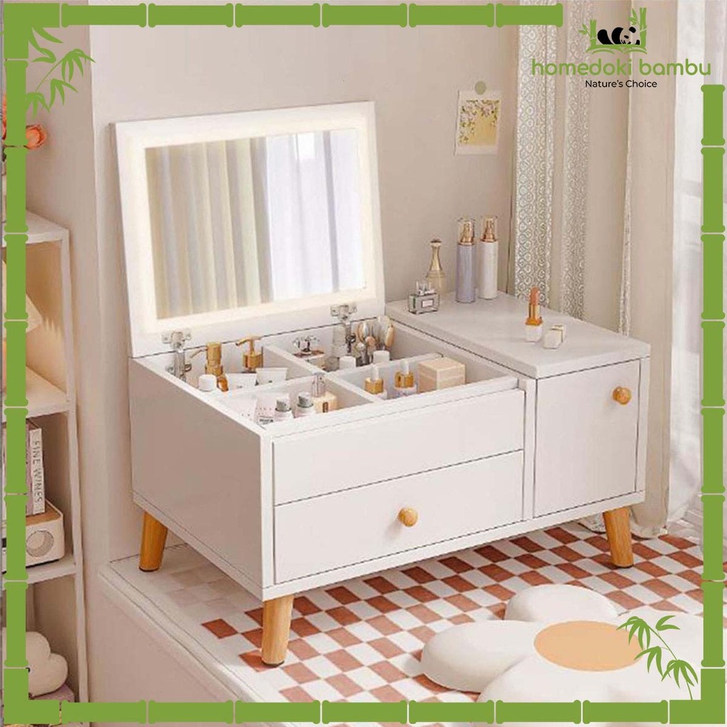 Homedoki Bambu - Meja Rias/Meja Rias Minimalis/Meja Rias LED/Meja Rias Lampu/Meja Rias Aesthetic/Mej