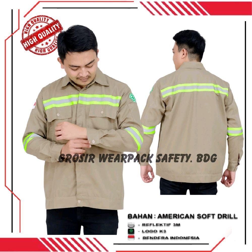 Kemeja Wearpack Safety Warna Khaky Seragam Kerja Baju Atasan Lengan Panjang Lis Strip Hijau | Seraga