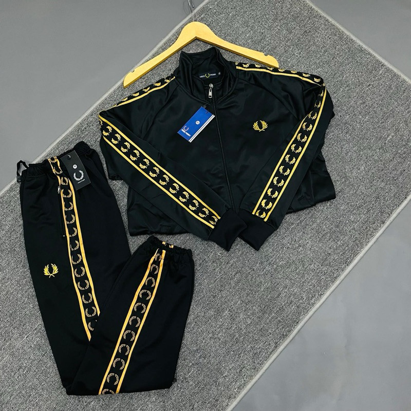 SET PAKAIAN TRACKTOP DAN TRACK PANT FP HITAM TAPED GOLD LOGO BORDIER FULTAG PREMIUM CASUAL BRANDED