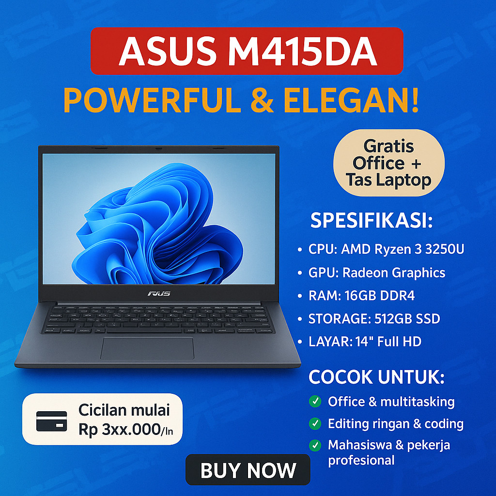 Asus VivoBook M415DAP X415DAP Ryzen 3 3250u 16GB SSD 512GB 14” FHD Windows 11 Desain Gaming