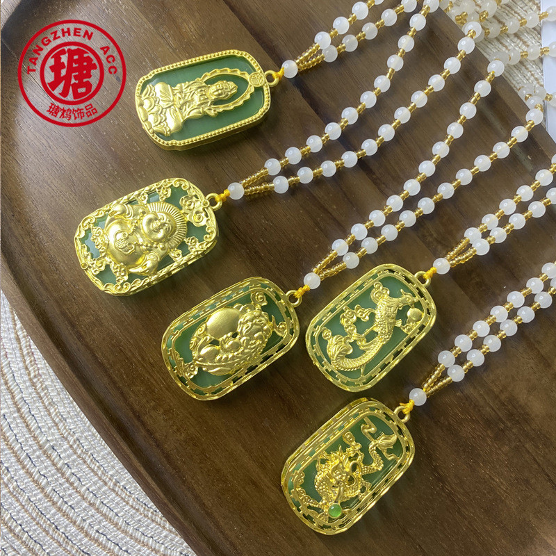 Liontin emas imitasi paduan gaya etnis Guanyin naga dan kalung rantai sweater imitasi phoenix