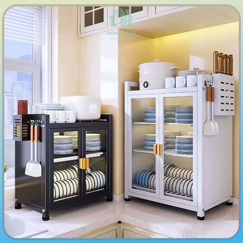 HOME LEAF - Rak Piring Tertutup Modern Stainless Steel | Anti Debu & Anti Gores,  Hitam/Putih (Dish 