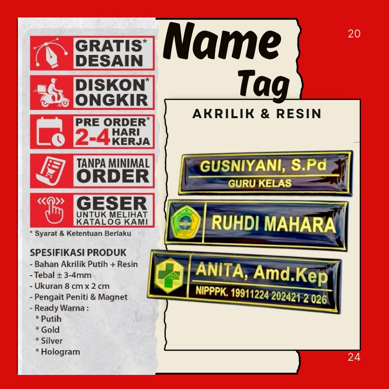Name Tag Nama Dada Akrilik Magnet Peniti Gold Silver