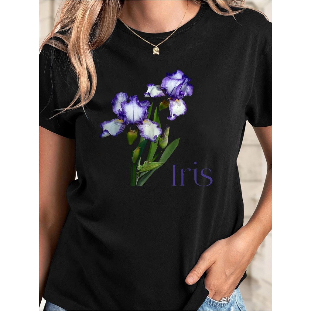 Blus Bunga Elegan Wanita - Kemeja Bunga Iris Ungu & Putih, Kain Lembut, Atasan Lengan Pendek Leher B