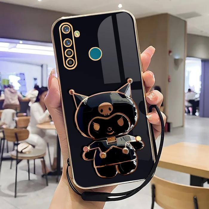 Case For Realme 5, 5I, 5S Soft Case Stand Holder Mirror Terbaru Luxury Plating dan Lanyard - Grey, R