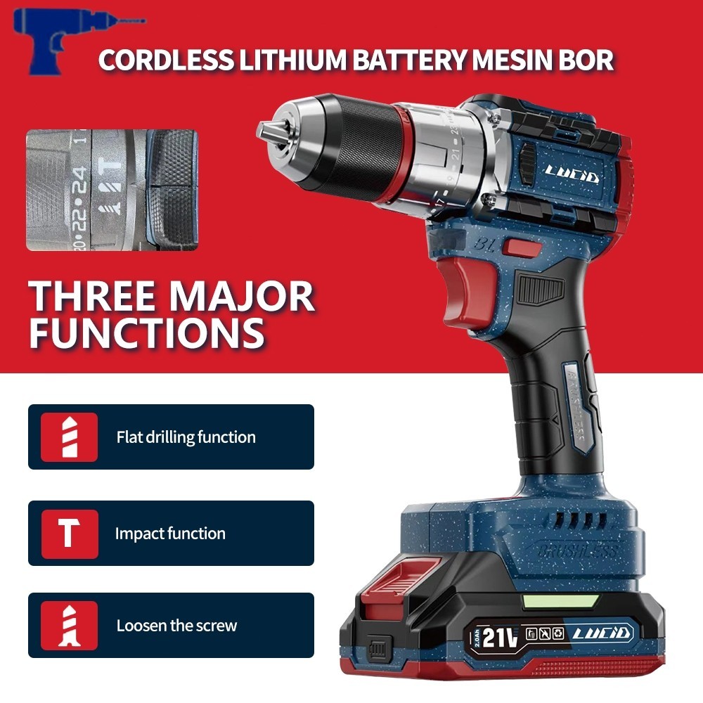 LUCID LX-60 Cordless Mesinbor 13MM 2.0A 21V lithium battery impactdrill brushless baterai