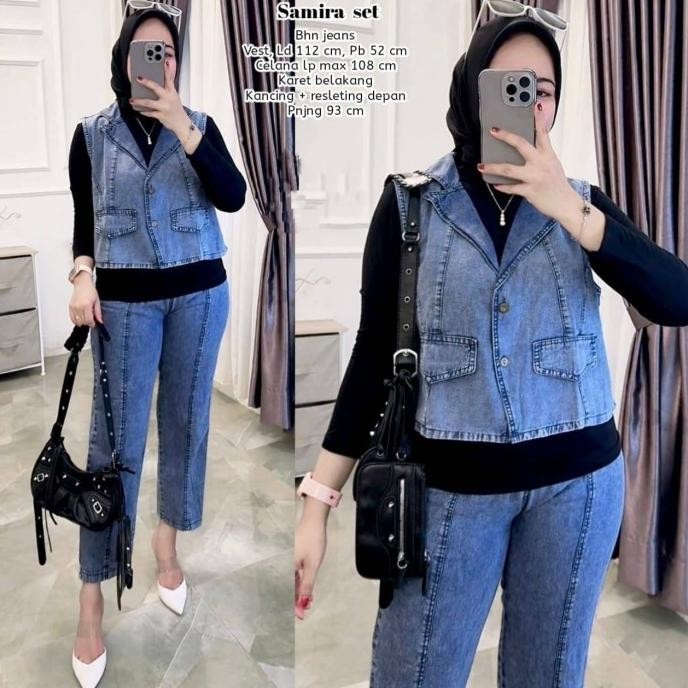 Baju Setelan Wanita Muslim Samira Set Celana Vest Rompi Jeans Polos Cantik Fashion Perempuan Remaja 