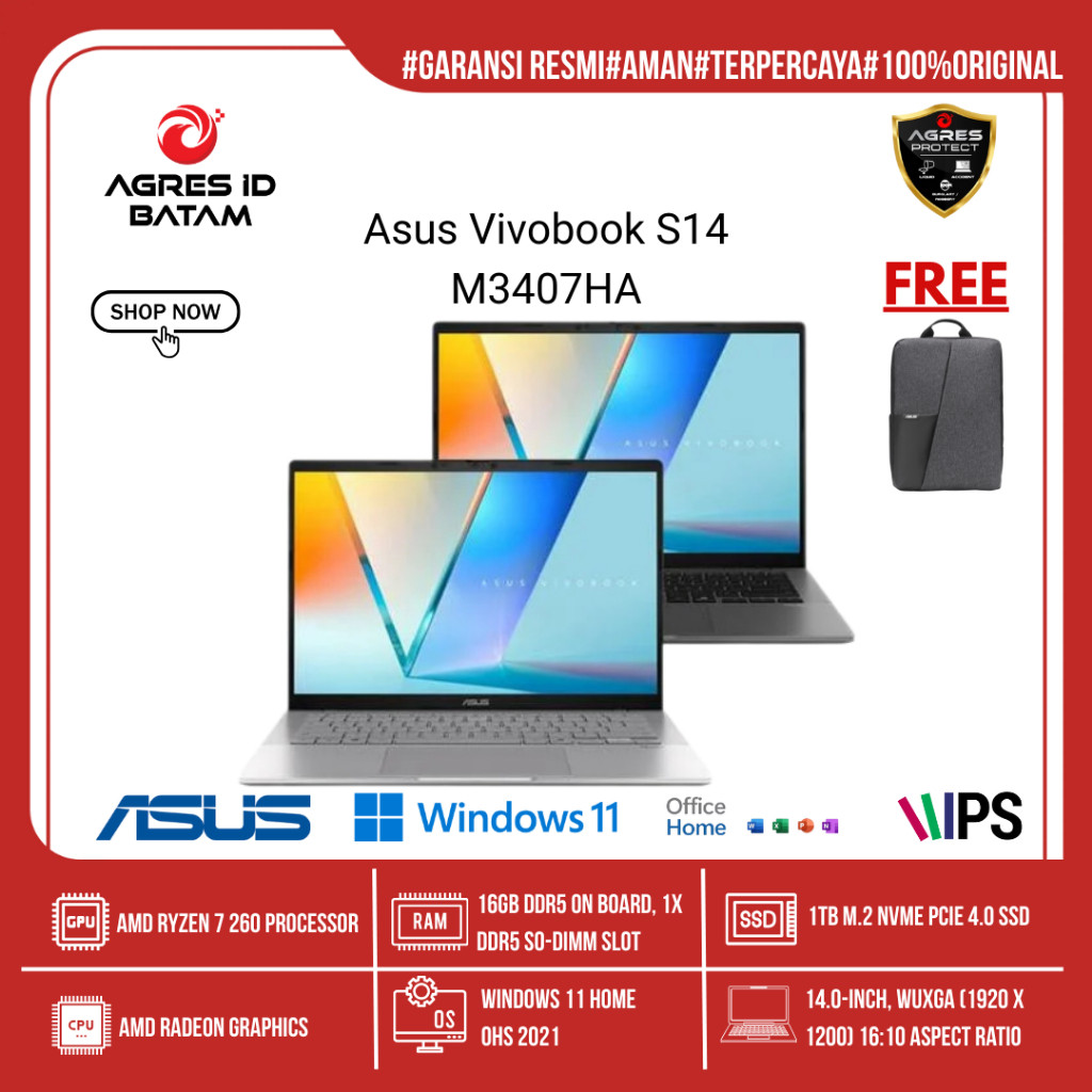 ASUS VIVOBOOK S14 M3407HA | AMD Ryzen 7-260• 16GB • 1TB SSD • Windows 11 + OHS + M365 Basic • 14.0" 