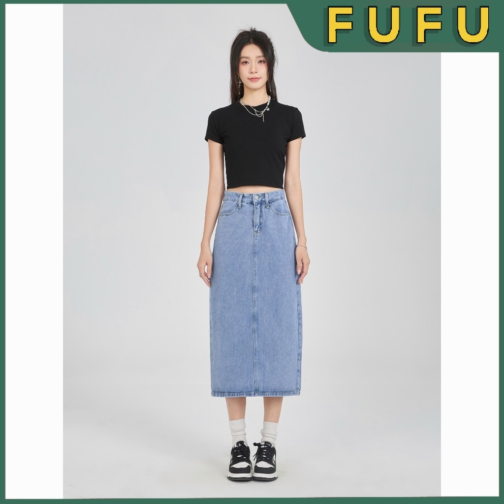 FUFU Rok Denim Split | Rok Jeans Panjang Wanita | Rok Span & Rok Levis Kekinian | Rok Panjang Korean